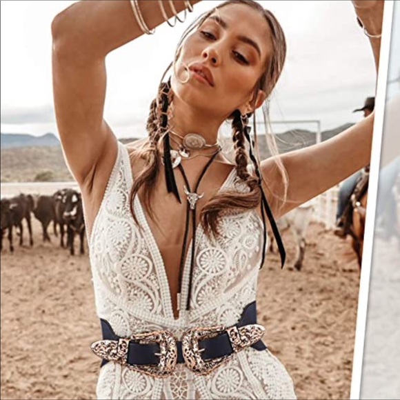 Gold & Black Double Buckle Stretch Belt Western